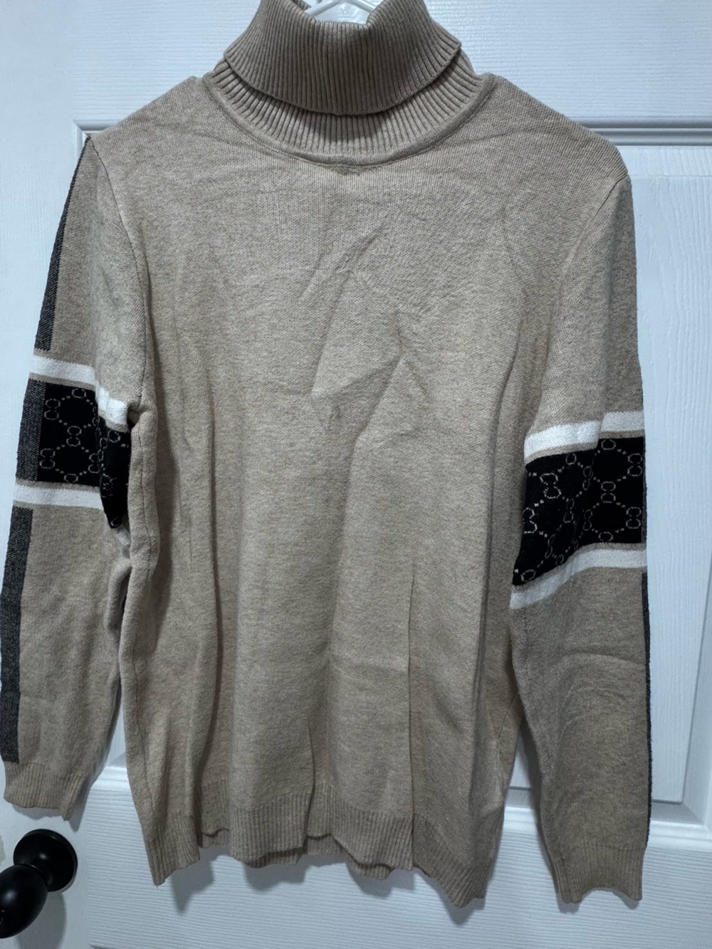 Men's Beige Turtleneck Sweater with Black Gucci Accent Stripes